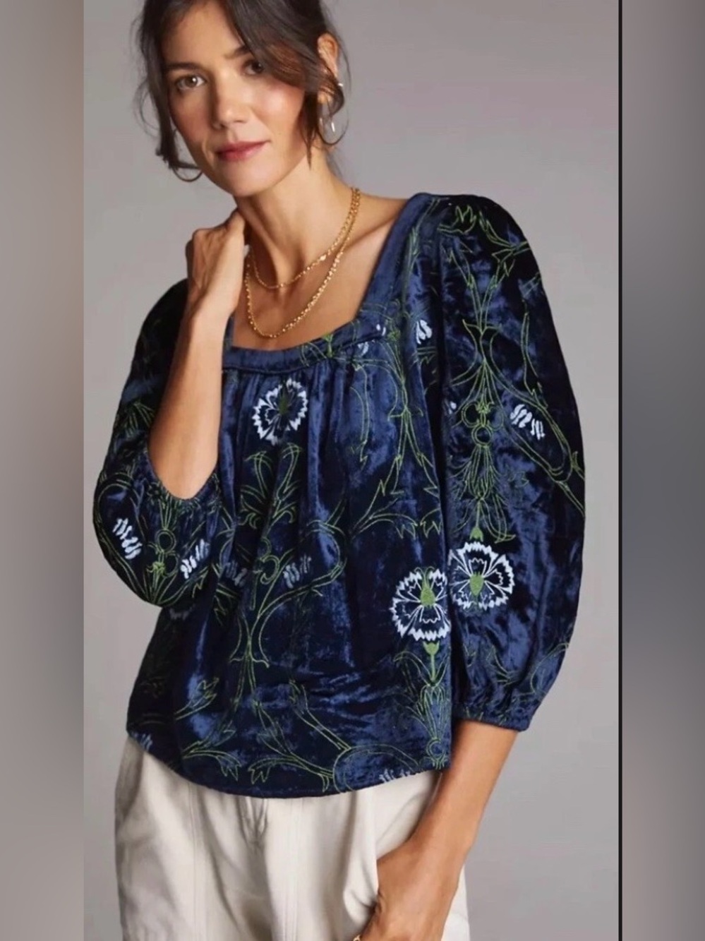 ANTHROPOLOGIE Velvet Embroidered Blouse Blue L